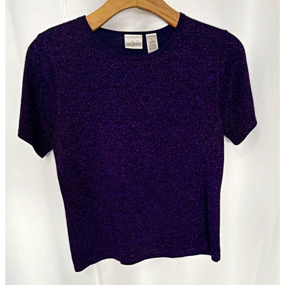 Villager Women’s L Purple Metallic Shimmer Knit Crew Neck Pullover Sweater SS
